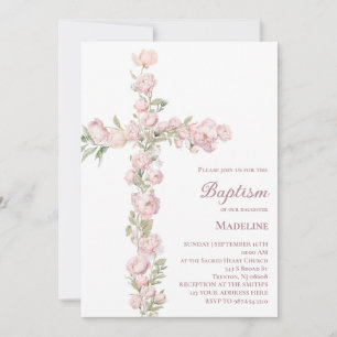 baby girl Baptism pink peonies floral cross Invitation