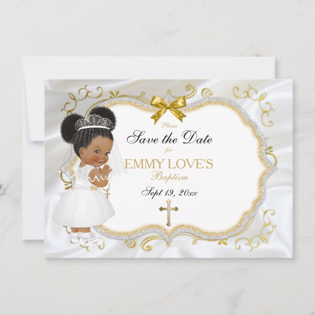 Baby Girl Baptism Save Date White Gold Cross Save The Date (Front)