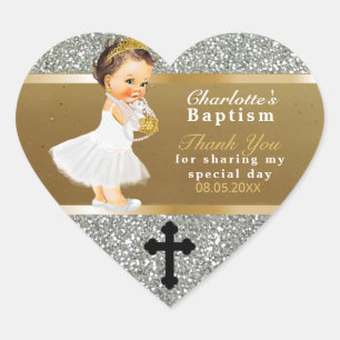 Baby Girl Baptism Thank You Favour Gold Silver Heart Sticker