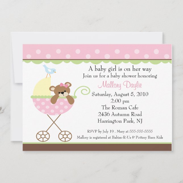 Baby Girl Bear Carriage Baby Shower Invitation (Front)