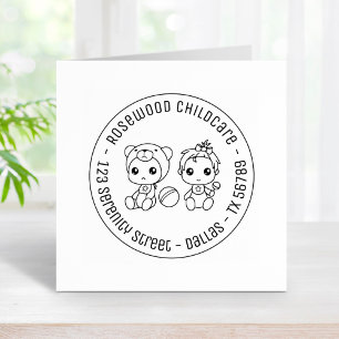 Baby Girl Bear Daycare Childcare Round Address Rubber Stamp