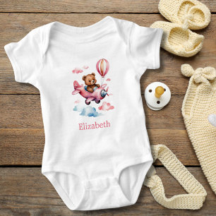 Baby Girl Bear Flying Aeroplane Baby Gift Baby Bodysuit