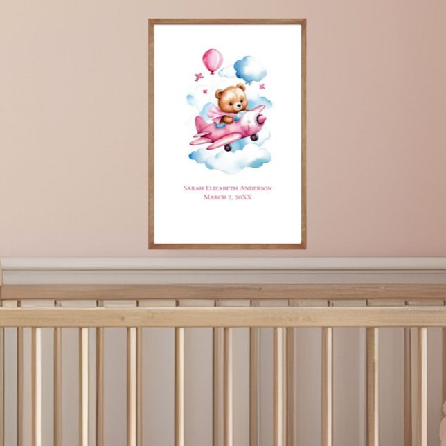 Baby Girl Bear Flying Aeroplane Nursery Wall Art (Baby Girl Bear Flying Airplane Nursery Wall Art, Personalize it with name, birth stats)