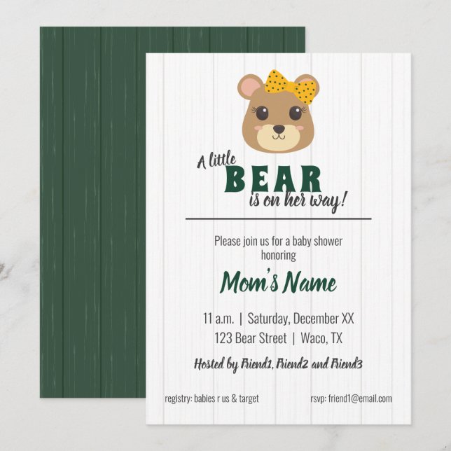 Baby Girl Bear Green & Gold Baby Shower Invitation (Front/Back)