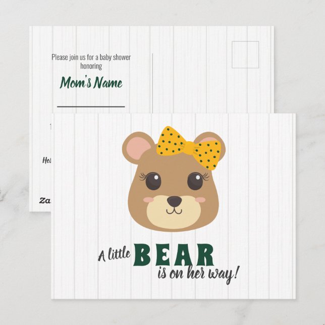 Baby Girl Bear Green & Gold Baby Shower Invitation Postcard (Front/Back)