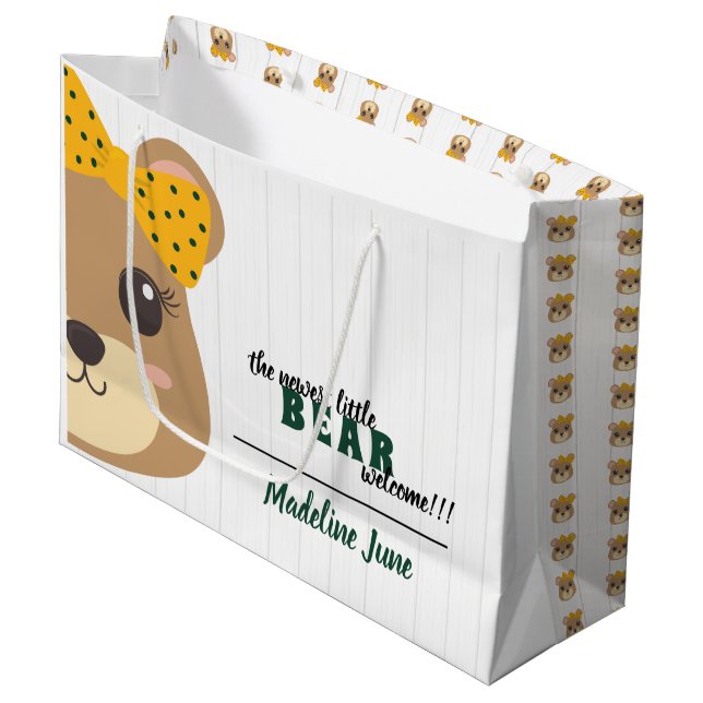 Baby Girl Bear Green & Gold Large Gift Bag (Front Angled)