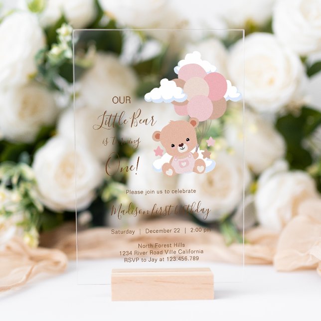 Baby Girl Bear With Balloons Clouds 1st Birthday Acrylic Invitations (Creator Uploaded)