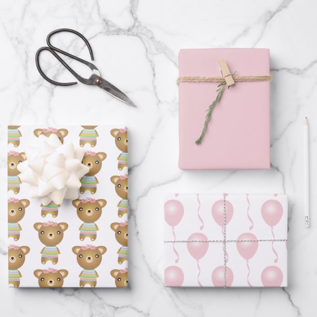 Baby Girl Bear With Balloons Wrapping Paper Sheet (Front)