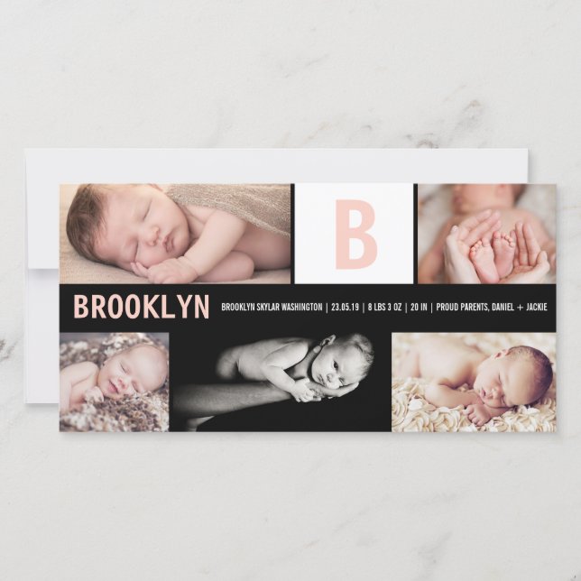 Baby Girl Big Pink Initial 5 Photo Collage Birth Announcement (Front)