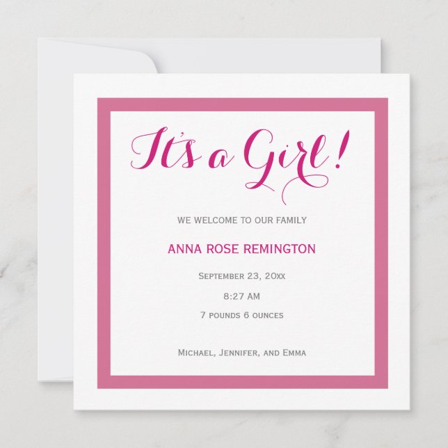 Baby Girl Birth Announcement Classic Style Pink A2 (Front)