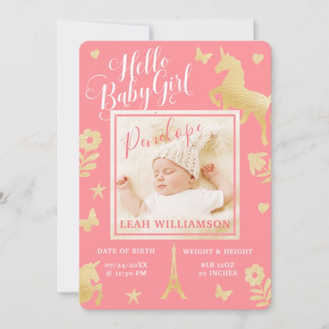 Baby Girl Birth Announcement | Magical Unicorn (Front)