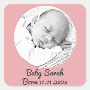 baby girl birth announcement photo and name custom square sticker