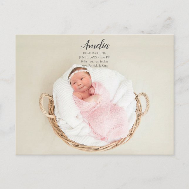 Baby Girl Birth Announcement  Postcard (Front)