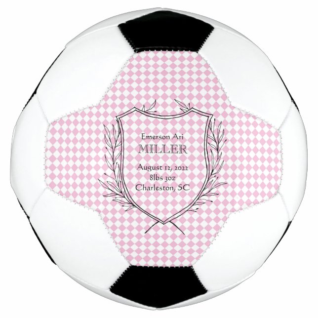 Baby Girl Birth Announcement Sports Pink White Soccer Ball (Front)