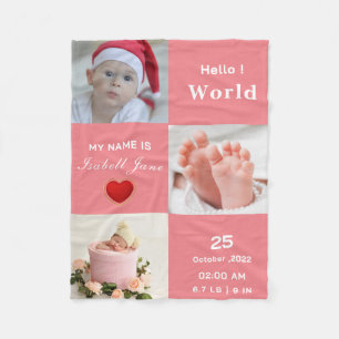 Baby Girl Birth Stat Announcement Photo Fleece Blanket