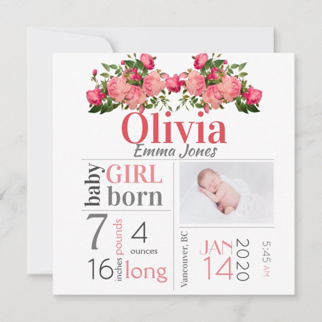 Baby Girl Birth Stat Announcement Pink Floral Card (Front)