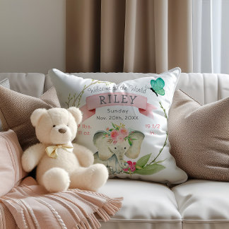 Baby Girl Birth Stats Cute Elephant Cushion
