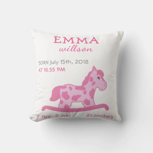 Baby Girl Birth Stats Cute Pink Rocking Horse Cushion