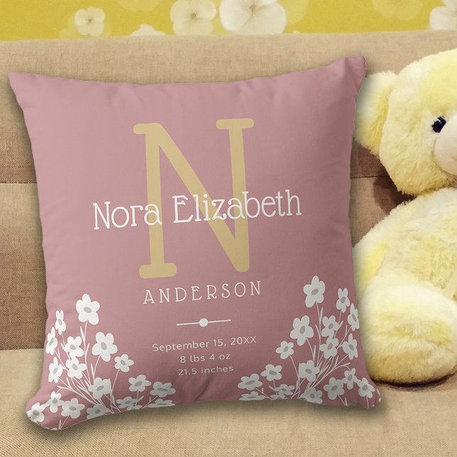 Baby Girl Birth Stats Flowers Monogram Nursery Cushion (Creator Uploaded)
