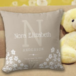 Baby Girl Birth Stats Flowers Monogram Nursery Thr Cushion<br><div class="desc">This cute nursery pillow features a natural oat coloured background with accents of white and is perfect for your newborn baby girl. The design offers custom text for a monogram,  name and birth stats and is accented with white daisy flowers.</div>