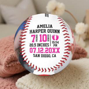 Baby Girl Birth Stats Personalised Photo or Text Baseball