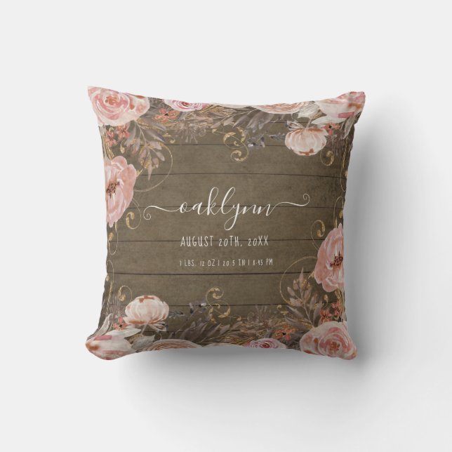 Baby Girl Birth Stats Rustic Wood Floral Pink Rose Cushion (Front)