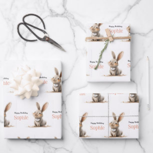 Baby Girl Birthday Cute Rabbit Wrapping Paper Sheet
