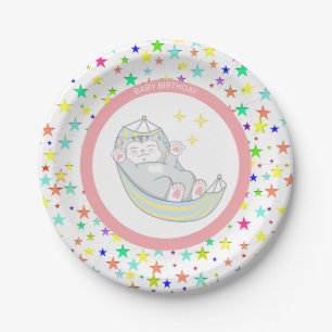 Baby Girl Birthday Kitty Cat & Multicolored Stars Paper Plate