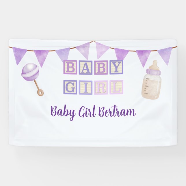 Baby Girl Blocks, Purple Watercolor Baby Shower  Banner (Horizontal)