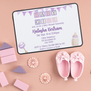 Baby Girl Blocks, Purple Watercolor Baby Shower  Invitation
