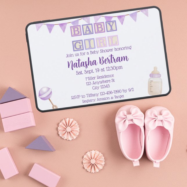 Baby Girl Blocks, Purple Watercolor Baby Shower  Invitation (Creator Uploaded)