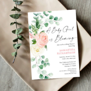 Baby girl blooming spring floral greenery shower invitation