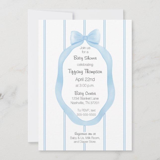 Baby Girl Blue and White Wallpaper Ribbon Framed Invitation (Front)