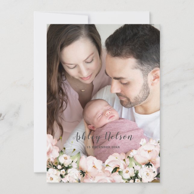 Baby Girl Blush & White Newborn Birth Announcement (Front)