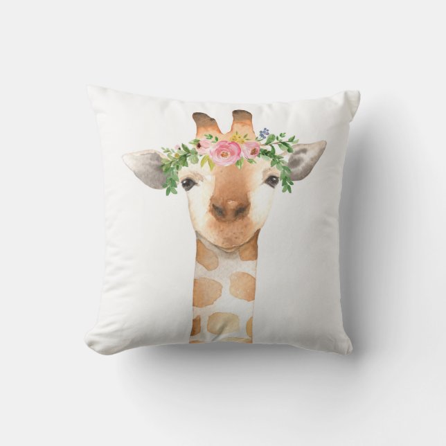 Baby Girl Boho Giraffe Floral Zoo Nursery Pillow (Front)