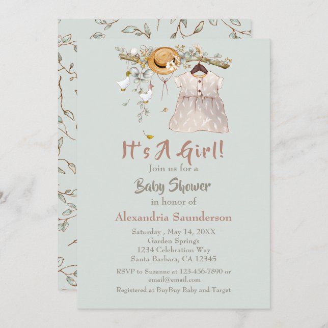 Baby Girl Boho Greenery Rustic Invitation (Front/Back)