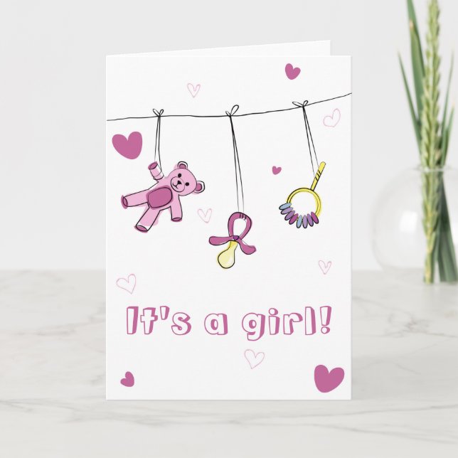 Baby girl born "it's a girl!" celebration card (Front)