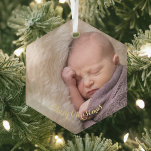 Baby Girl Boy First 1st Christmas Photo Hexagon Glass Tree Decoration