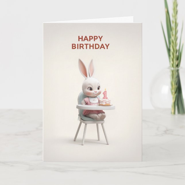 Baby Girl Bunny in High Chair With 1st BDay Cake Card (Front)