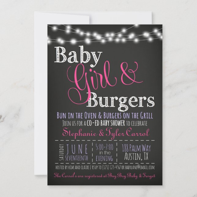 Baby Girl Burgers BBQ Shower Invitation Book Card (Front)