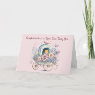 Baby Girl Card Carriage Flowers & Baby