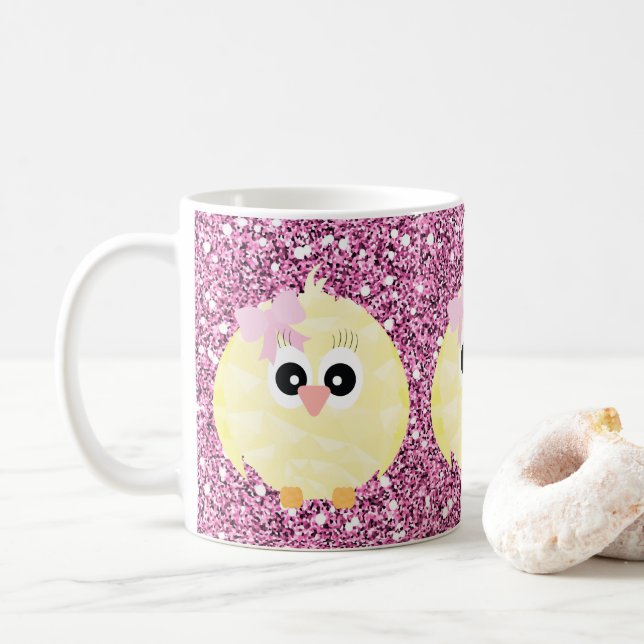 Baby Girl Chicks Pink Faux Glitter Coffee Mug (With Donut)