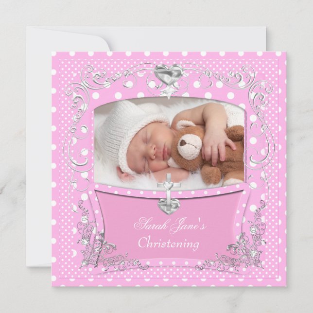 Baby Girl Christening Baptism Pink Polka Dot 2 Invitation (Front)