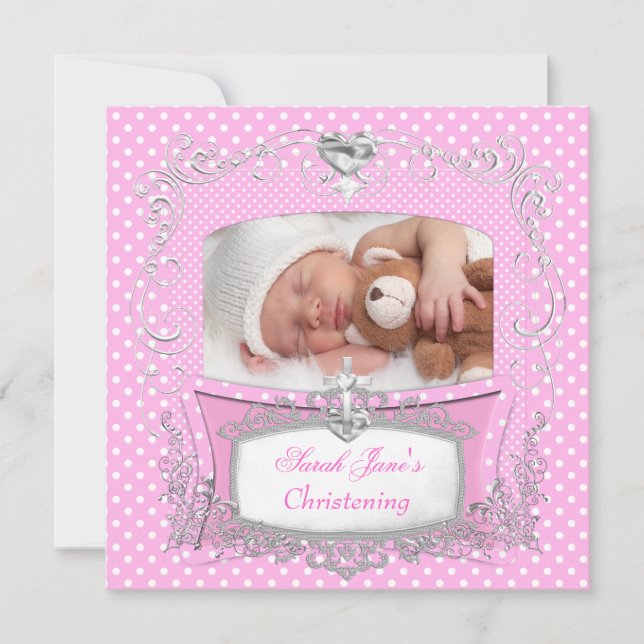 Baby Girl Christening Baptism Pink Polka Dot Announcement (Front)