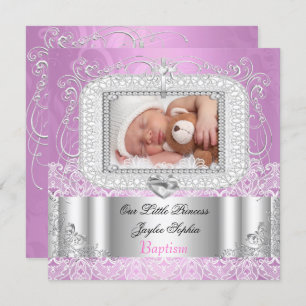 Baby Girl Christening Baptism pink purple Invitation