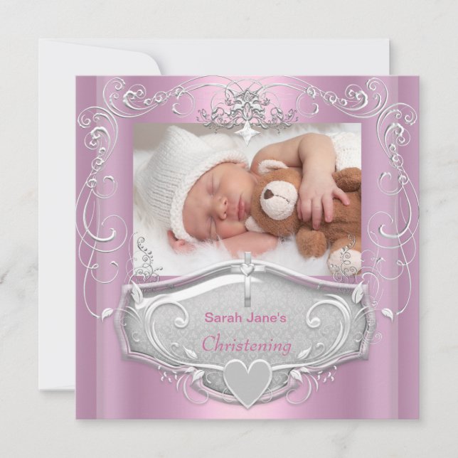 Baby Girl Christening Baptism Pink Silver Cross Invitation (Front)