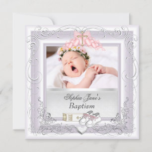 Baby Girl Christening Baptism White Pink Announcement