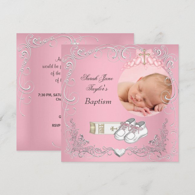 Baby Girl Christening Baptism White Pink Bible Announcement (Front/Back)