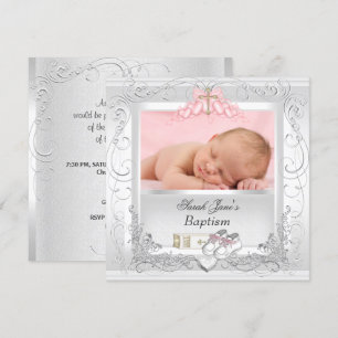 Baby Girl Christening Baptism White Pink Invitation