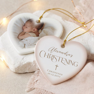 Baby Girl Christening Cross Pink Heart Photo Ceramic Tree Decoration